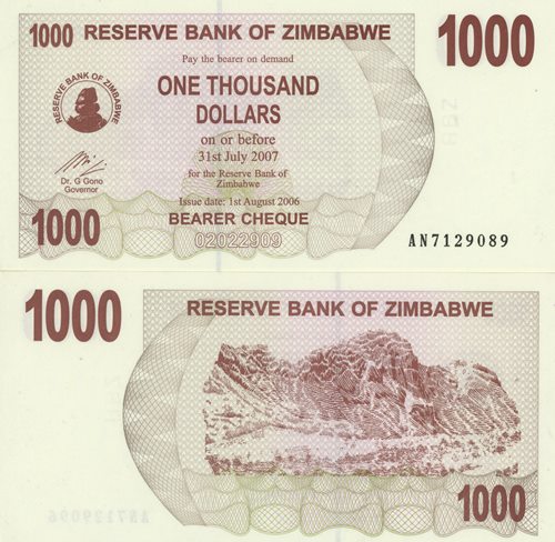 1000 Dollars 2006 Zimbabwe UNC séria AN