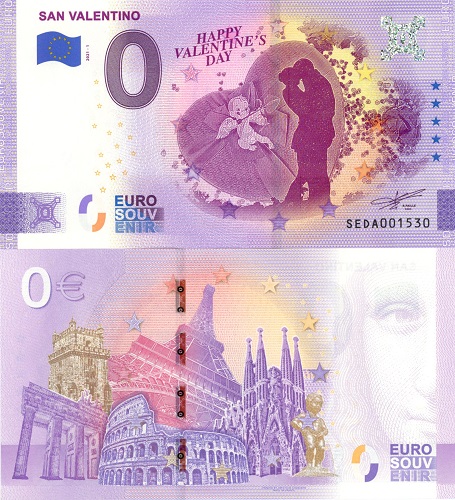 0 euro suvenír 2021/1 Taliansko UNC San Valentino (ND)