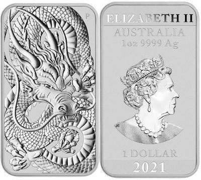 Dollar 2021 Austrália BU 1 Oz Ag Dragon Rectangular