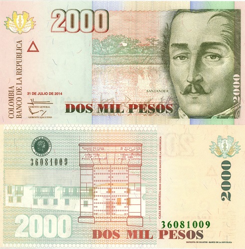 2000 Pesos 2014 Kolumbia UNC 