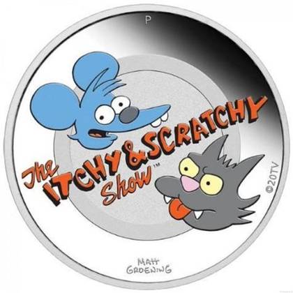 Dollar 2021 Tuvalu PROOF farbená 1 Oz Ag Itchy and Scratchy 
