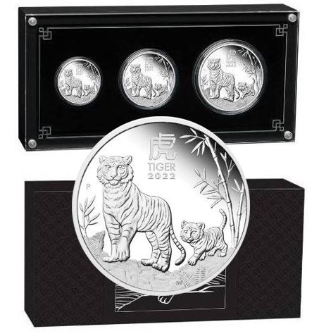 SADA 3 mincí, 50 cents, Dollar, 2 Dollars 2022 Austrália PROOF Lunar III. Tiger