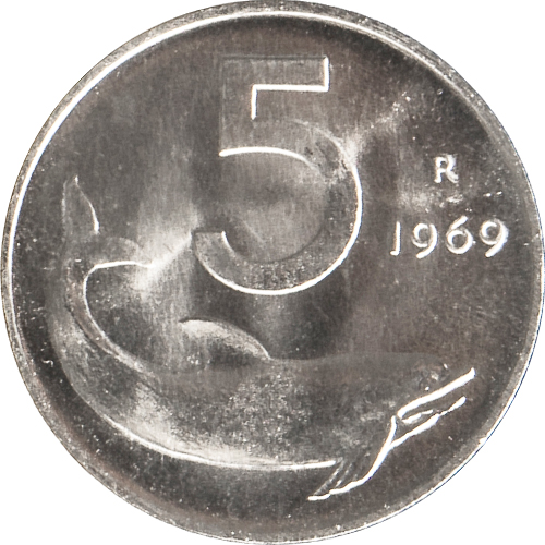 5 Lira 1969 Taliansko ob.UNC Delfín