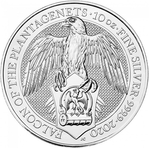 10 Pounds 2020 Veľká Británia BU 10 Oz Ag Falcon of the Plantagenets