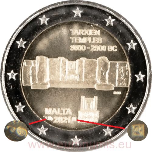 2 euro 2021 Malta cc.UNC chrámy Tarxien - značka mincovne