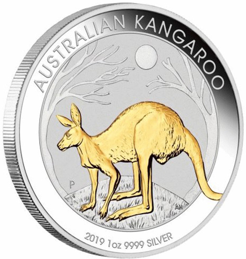 Dollar 2019 Austrália PROOF 1 Oz Ag gilded Kangaroo