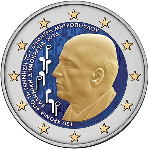 2 euro 2016 Grécko cc.UNC farbená Dimitri Mitropoulos