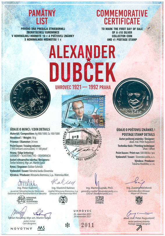 Pamätný list 2021, Alexander Dubček (SK2110EUADPL)