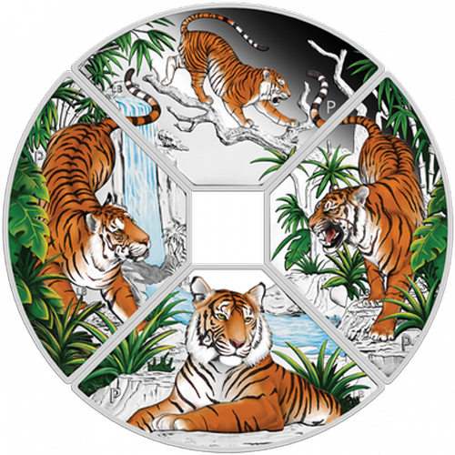 4x Dollar 2022 Tuvalu PROOF farbená 4 Oz Ag Year of the Tiger