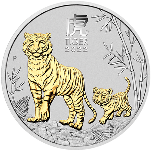 Dollar 2022 Austrália BU 1 Oz Ag Lunar III. Tiger (pozlátená)