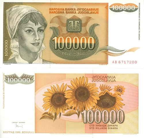 100 000 Dinara 1993 Juhoslávia UNC séria AB