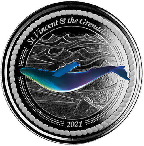 2 Dollars 2021 Svätý Vincent a Grenadíny PROOF farbená 1 Oz Ag Humpback Whale