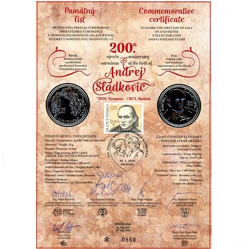 Pamätný list 2020, Andrej Sládkovič -200. výročie narodenia (originál 2 podpisy)
