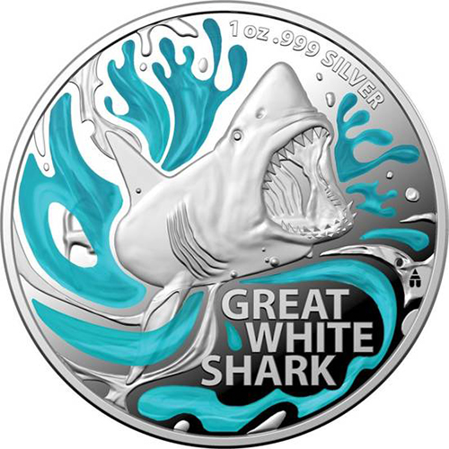 5 Dollars 2022 Austrália PROOF farbená 1 Oz Ag Veľký Biely Žralok 