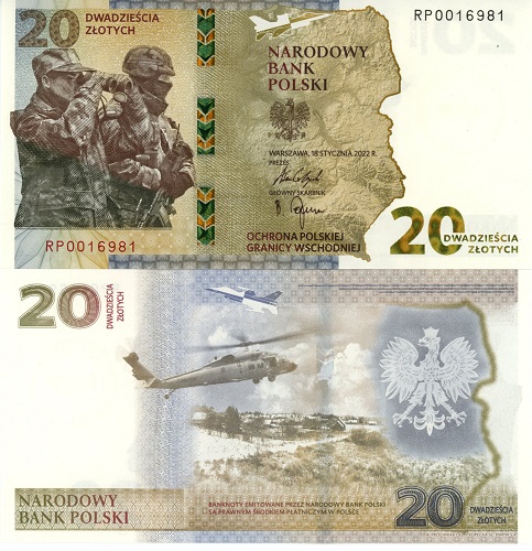 20 Zlotych 2022 Poľsko UNC séria RP Ochrana poľskej východnej hranice