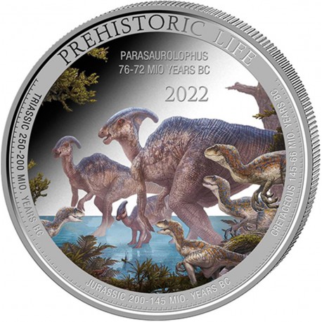 20 Francs 2022 Kongo BU farbená 1 Oz Ag Parasaurolophus