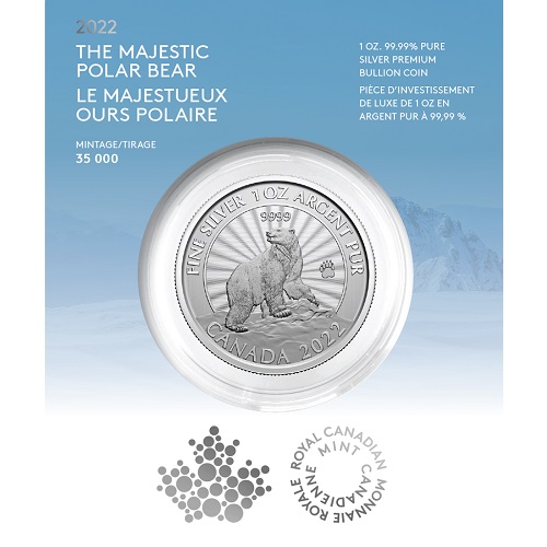 5 Dollars 2022 Kanada BU karta 1 Oz Ag The Majestic Polar Bear