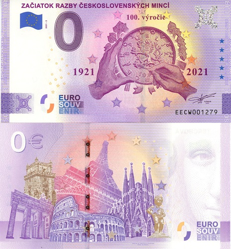 0 euro suvenír 2021/2 Slovensko UNC Začiatok razby Československých mincí (ND)