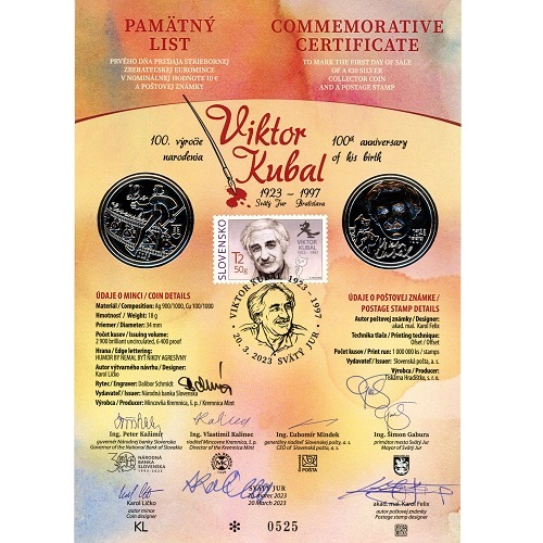 Pamätný list 2023, Viktor Kubal - 100. výročie narodenia (originál 4 podpisy)