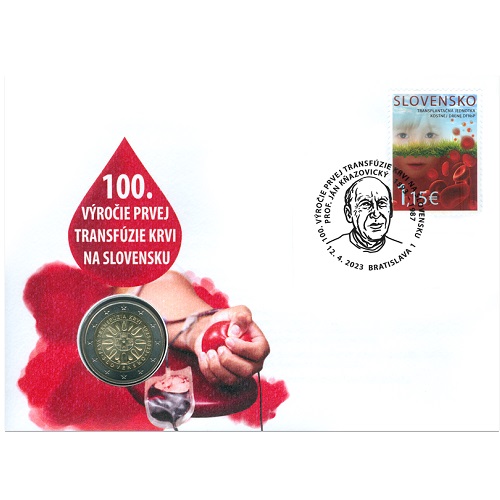 2 euro 2023 Slovensko numizmatická obálka Prvá transfúzia krvi na Slovensku