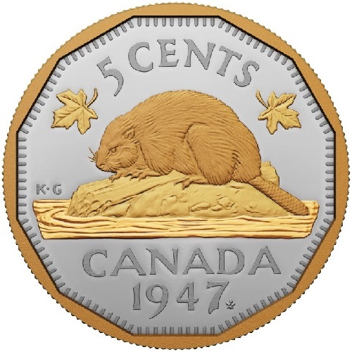 5 Cents 2023 Kanada PROOF pozlátená 2 Oz Ag 1947 Maple Leaf Mark(X:12:3)