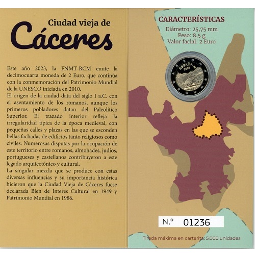 2 euro 2023 Španielsko cc.PROOF karta mesto Cáceres