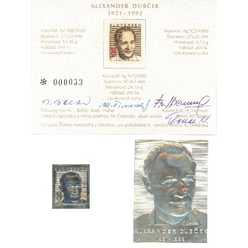 Strieborné známky 1993 Slovensko, Alexander Dubček (originál 4 podpisy) (č. 33)