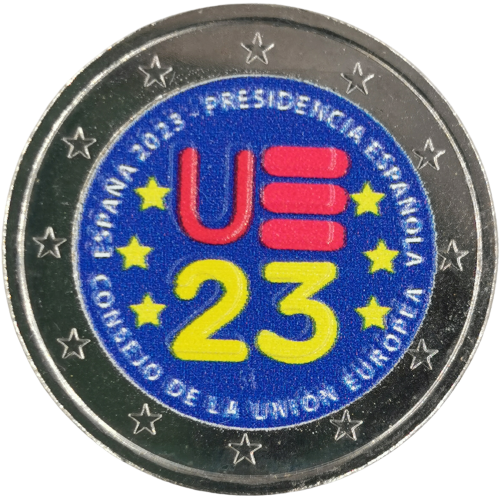 2 euro 2023 Španielsko cc.UNC farbená predsedníctvo Rady EÚ (modrá)
