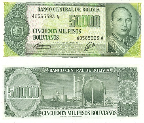 50 000 Bolivianos 1984 Bolívia UNC séria A