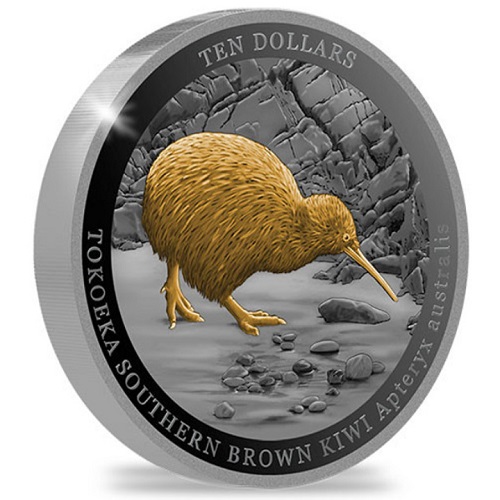 10 Dollars 2023 Nový Zéland PROOF Gilded 5 Oz Ag Brown Kiwi