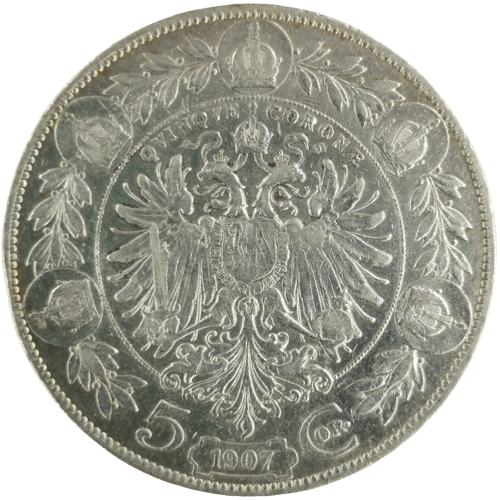 5 Corona 1907 bz Rakúsko Uhorsko, František Jozef I.