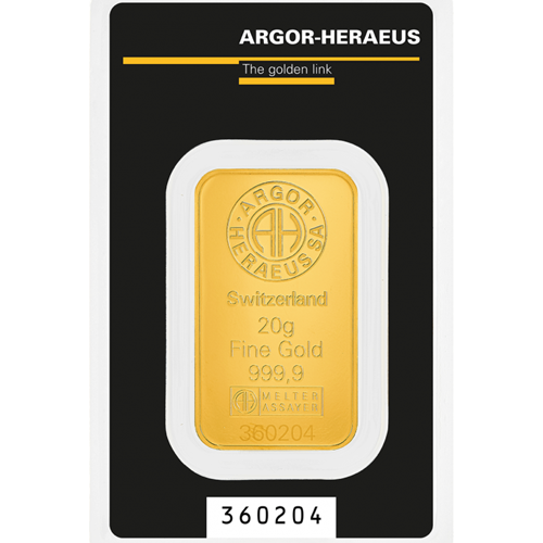 Investičné zlato - zlatá tehlička 20 g  999,9 Argor-Heraeus 