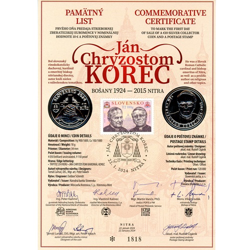 Pamätný list 2024, Ján Chryzostom Korec (originál 2 podpisy)