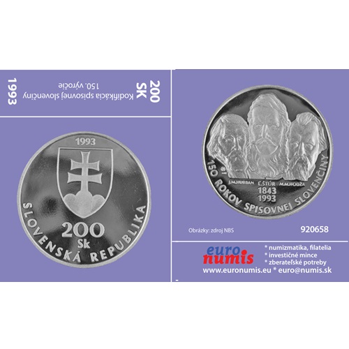 Papierový prebal na 200 korún 1993 Slovensko PROOF, kodifikácia spisovnej slovenčiny