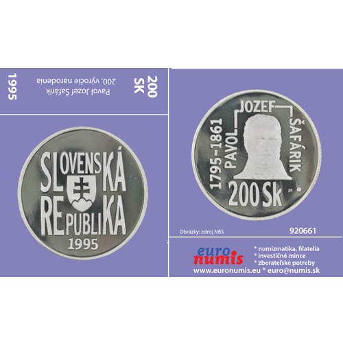 Papierový prebal na 200 korún 1995 Slovensko PROOF, Pavol Jozef Šafárik