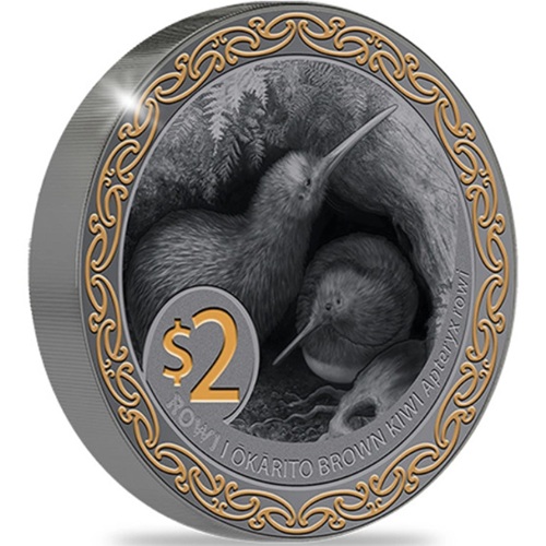 2 Dollars 2025 Nový Zéland PROOF Black Gilded High Relief 2 Oz Ag, Kiwi 