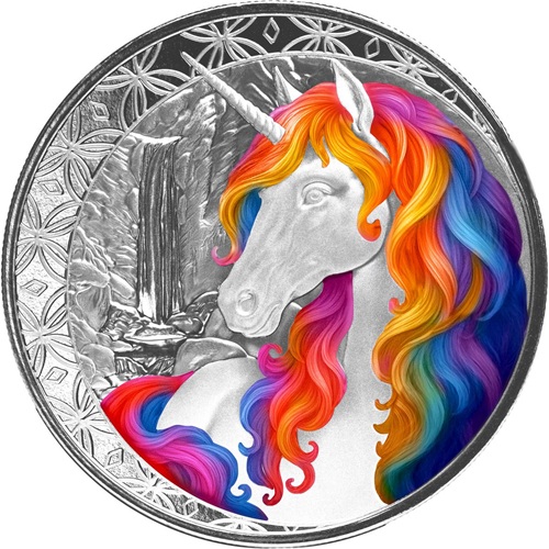 Dollar 2025 Fidži BU karta farbená 1 Oz Ag, Unicorn Blossom