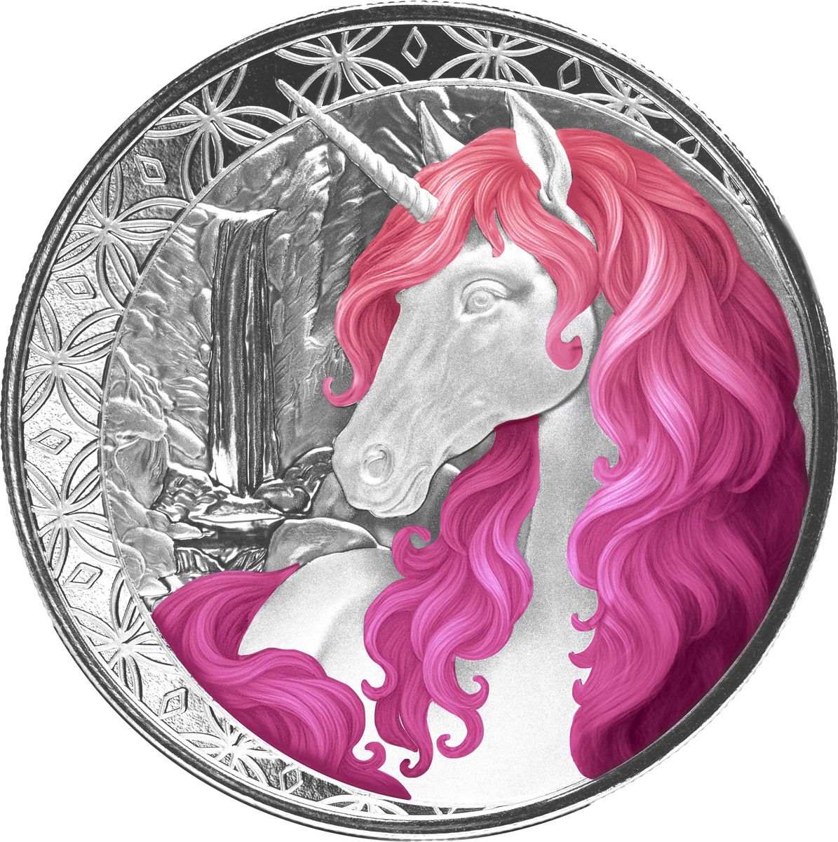 Dollar 2025 Fidži BU karta farbená 1 Oz Ag, Unicorn Roselle