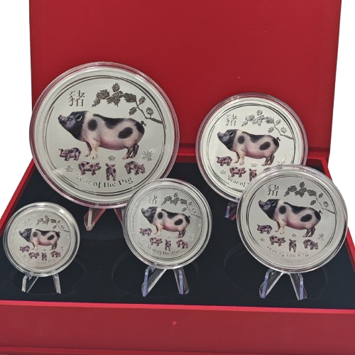 Sada 5 mincí 2019 Austrália BU farbená 18,5 Oz Ag, LUNAR II. - Year of the Pig                                                                                                                   