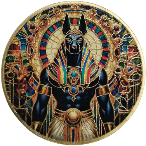 Medaila pozlátená farbená, Anubis - staroegyptský boh smrti