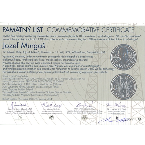 Pamätný list 2014, Jozef Murgaš (originál 1 podpis)