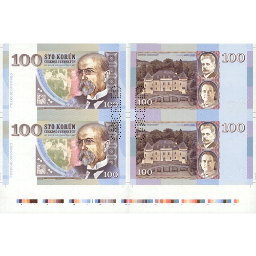 Arch 2 x 100 Korún 2026 Československo UNC T. G. Masaryk perforácia CANCELED