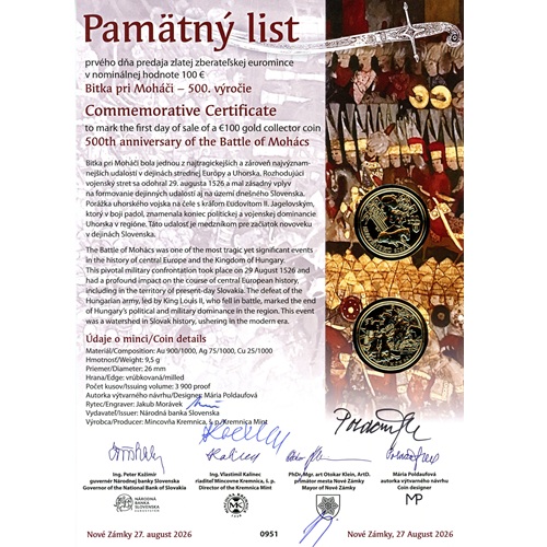Pamätný list 2026, 100€ Bitka pri Moháči - 500. výročie (originál 4 podpisy)
