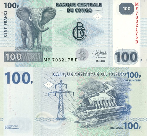 100 Francs 2022 Kongo Dem. Rep. UNC séria MF*D