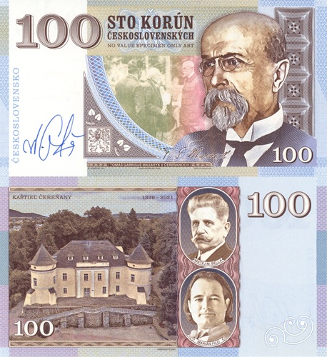 100 Korún 2026 Československo UNC T. G. Masaryk podpis Mateja Gábriša