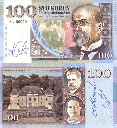 100 Korún 2026 Československo UNC T. G. Masaryk séria MG anulát podpis Mateja Gábriša a Mariana Fila