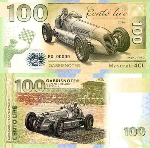 100 Lire 2026 UNC Maserati 4CL séria MG anulát