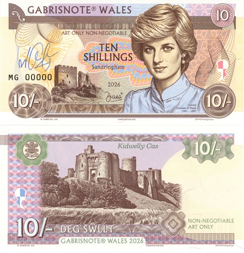 10 Shillings Wales 2026 UNC princezná Diana séria MG anulát podpis Mateja Gábriša