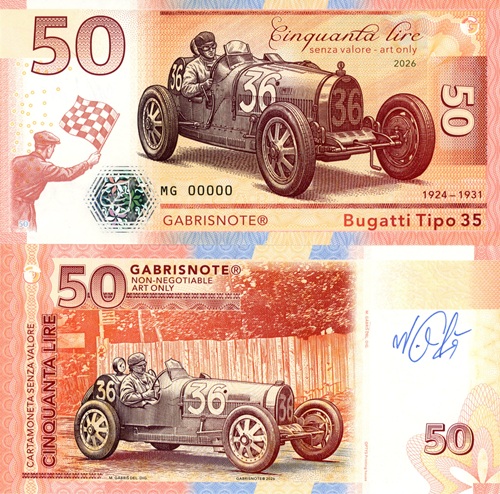 50 Lire 2026 UNC Bugatti Tipo 35 séria MG anulát podpis Mateja Gábriša