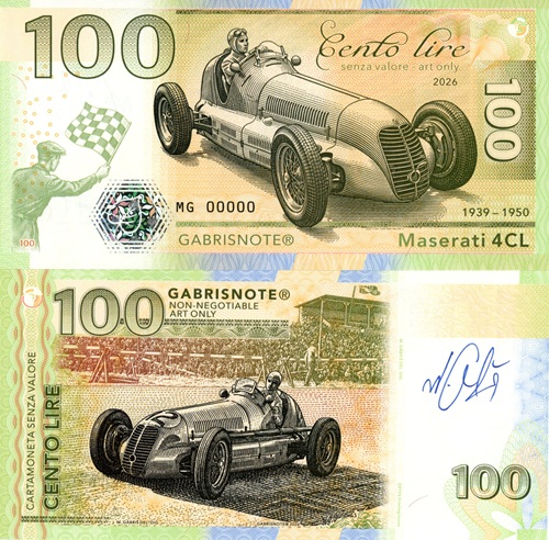 100 Lire 2026 UNC Maserati 4CL séria MG anulát podpis Mateja Gábriša